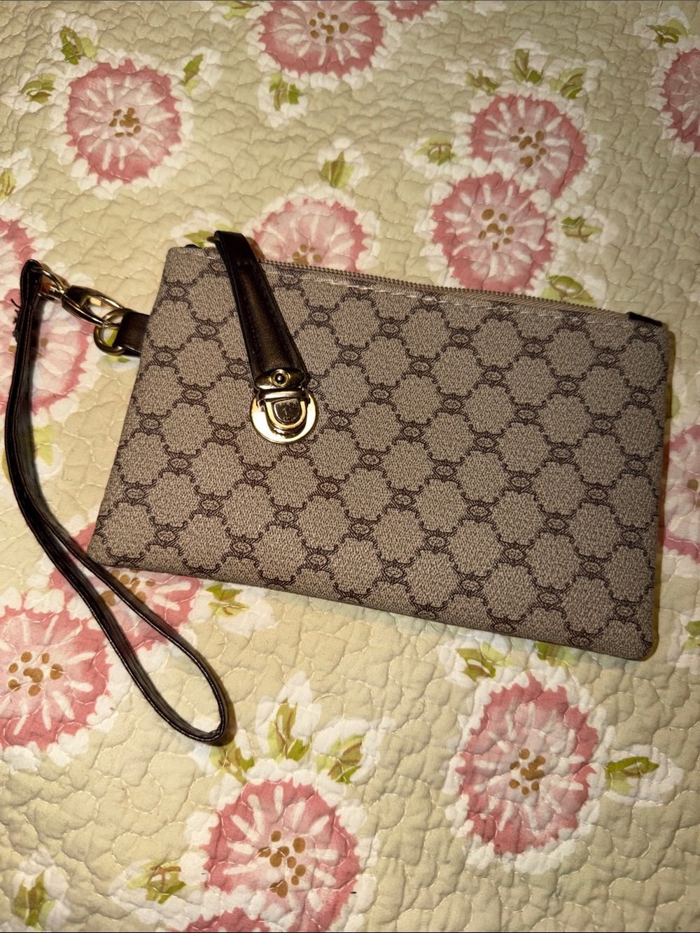 Designer-Style Beige Wristlet Clutch with Brown Trim